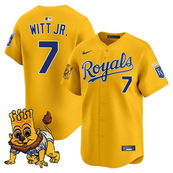 Men's Kansas City Royals #7 Bobby Witt Jr. Gold Sluggerrr Patch Vapor Limited Stitched Baseball Jersey Men's Kansas City Royals #7 Bobby Witt Jr. Gold Sluggerrr Patch Vapor Limited Stitched Baseball Jersey